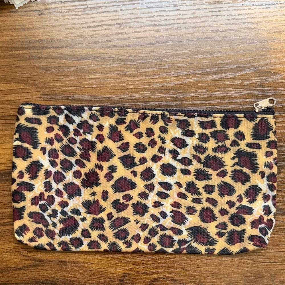 Leopard Print Zip Pouch - Tan, Burgundy & Black